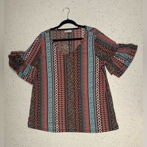 Bobbie Brooks Women’s Paisley Multicolor Short Ruffle Sleeve V-Neck Size XL